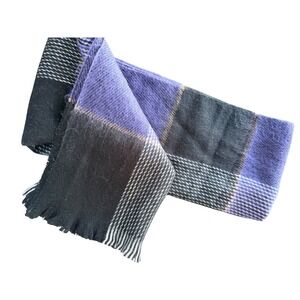 100% Cashmere Scarf Made in England Purple Black Grey Plaid Fringed Winter Wrap